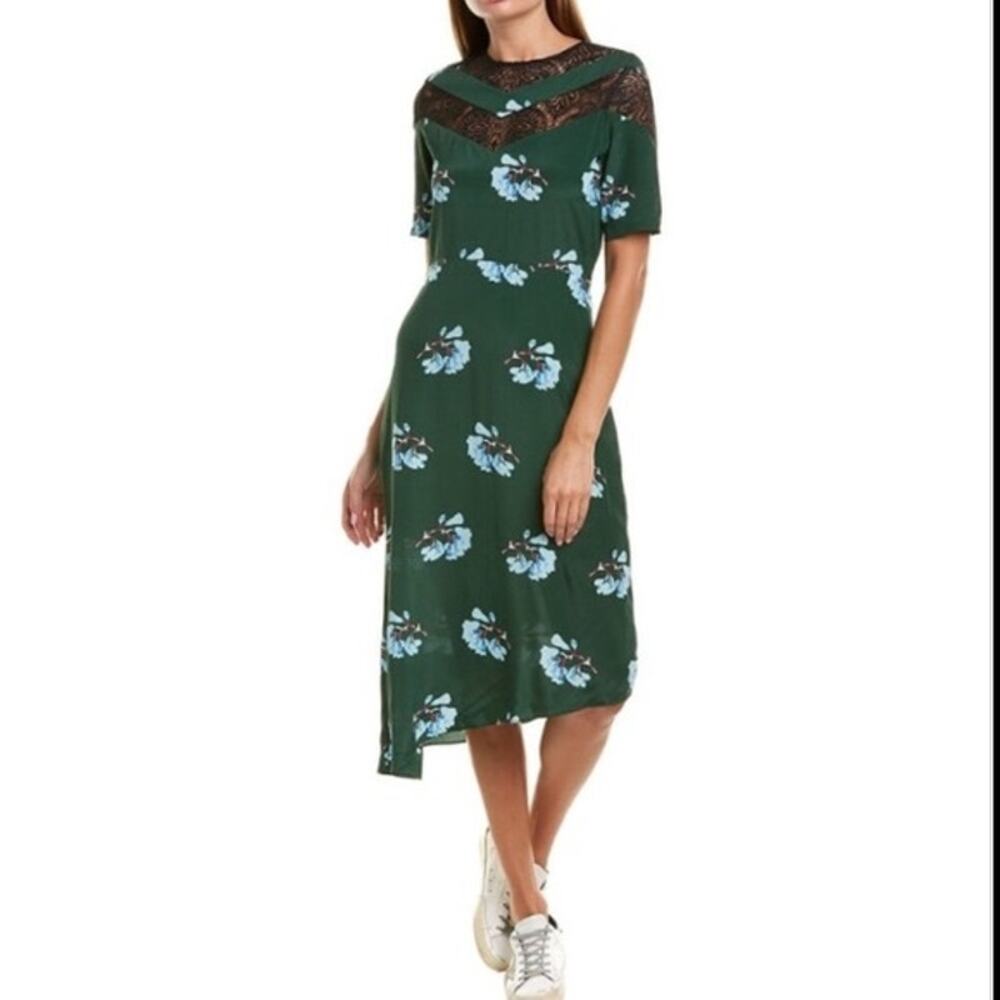 Maje Green Floral Lace Chevron Asymmetrical Midi Dress Size 1 Small‎ Feminine